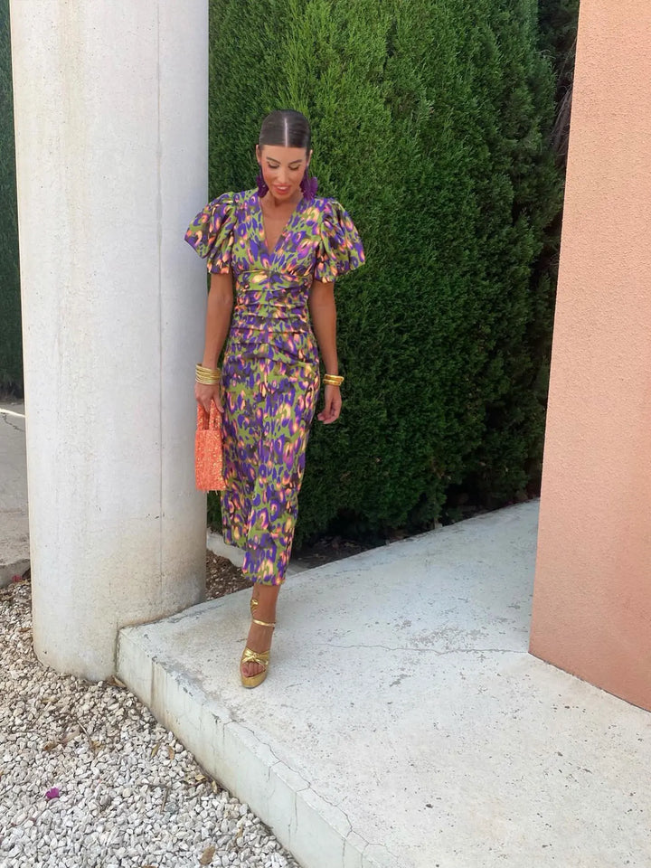 Aurora | Bold Puff-sleeve Midi Dress
