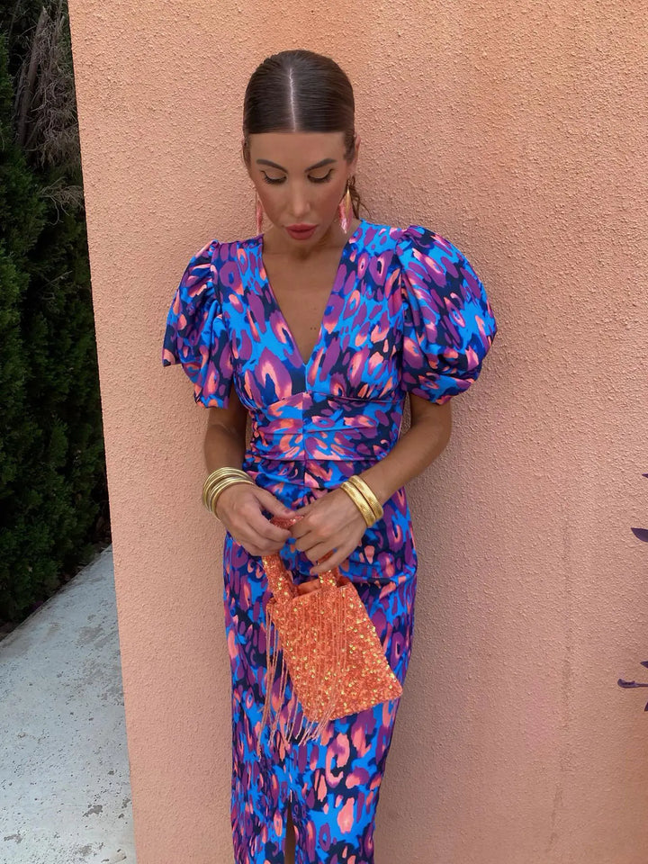 Aurora | Bold Puff-sleeve Midi Dress