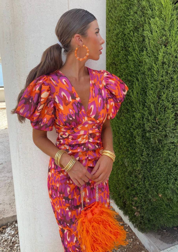 Aurora | Bold Puff-sleeve Midi Dress